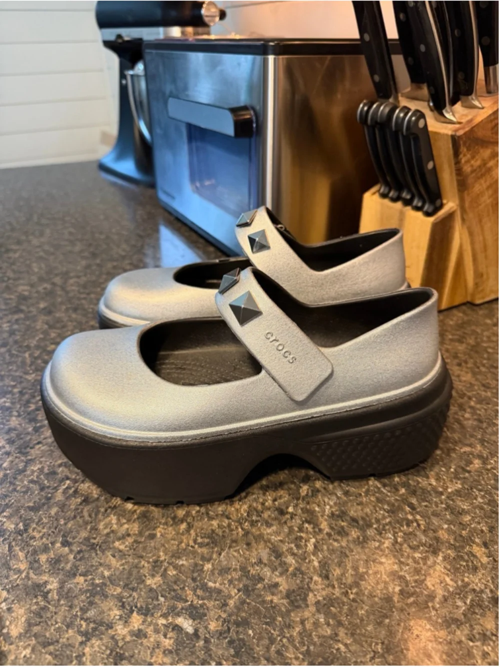 New Crocs STOMP METALLIC MARY JANE Platform Wedge Silver Shoes
